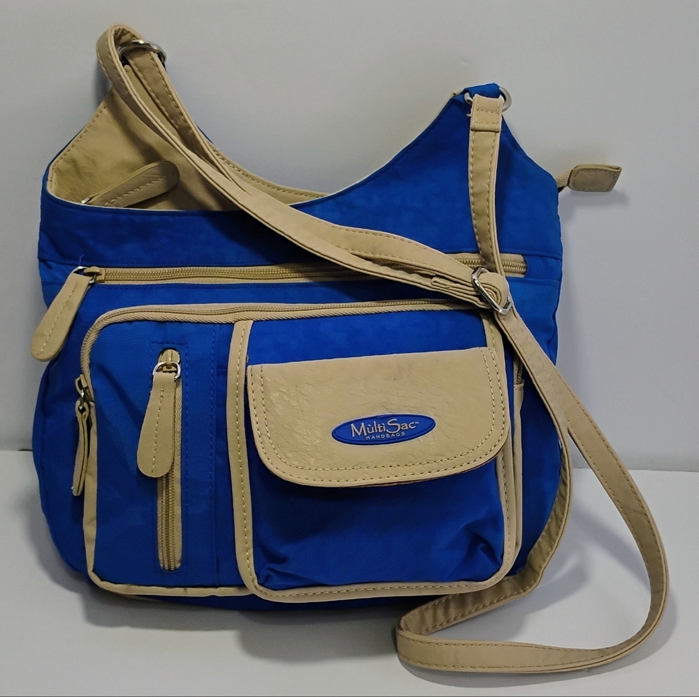 NEW MultiSac Faux Leather Crossbody Purse Blue Tan